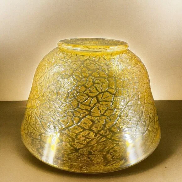 Studio Art Glass Large Bowl Dish Yellow Lava Texture HandBlown Glass Centerpiece